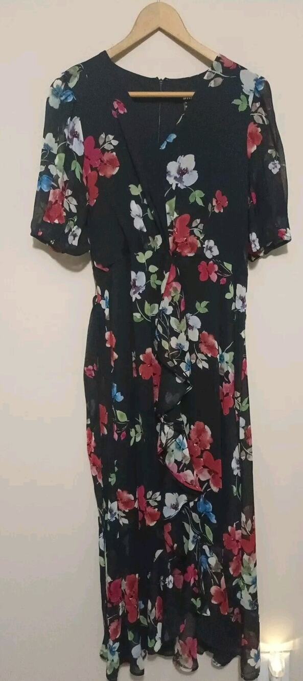 NWT DKNY Black Floral Print Ruffled Chiffon Midi Dress Women’s 10